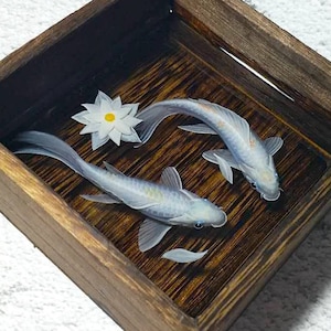 White koi fish couple resin painting in a rustics wooden box, hand painting creative home furnishing , one of a kind art decoration