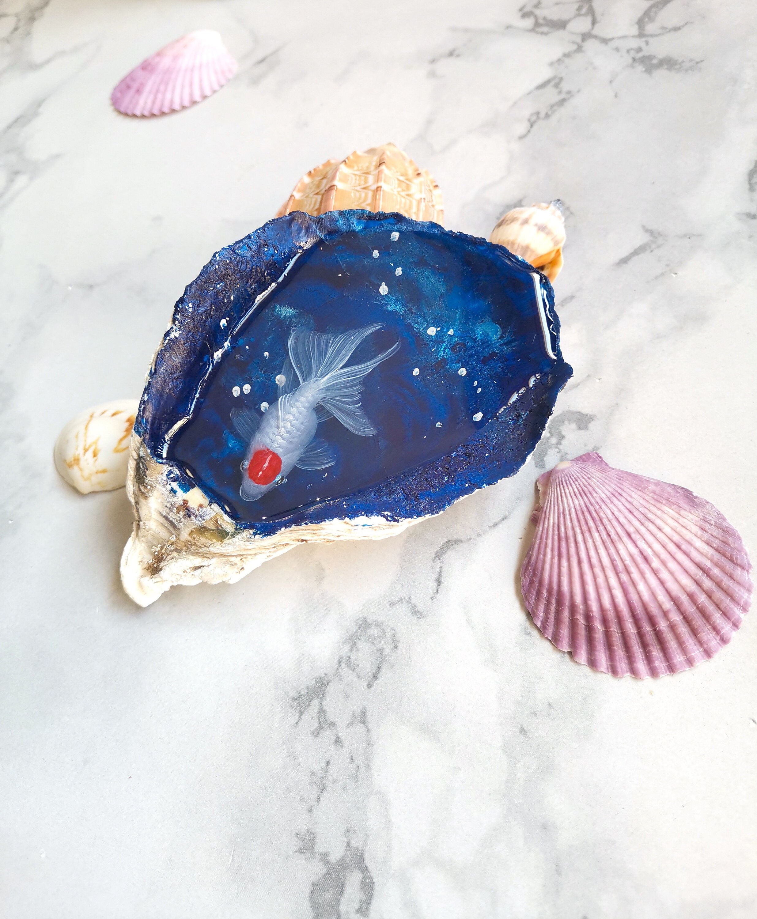 Goldfish resin painting in oyster shell resin art fish art Etsy