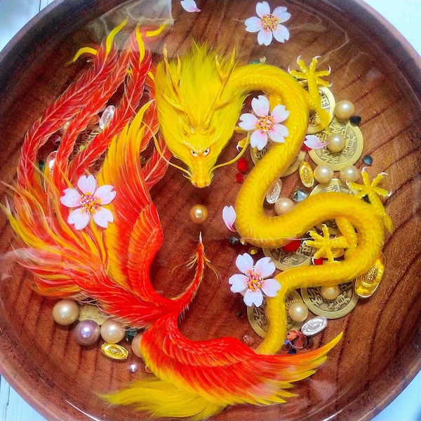 Red Phoenix and Golden Dragon with Cherry Blossoms Resin Art, Fantasy Art Table decor, Best Anniversary Gifts for Boyfriend, Wedding Gift