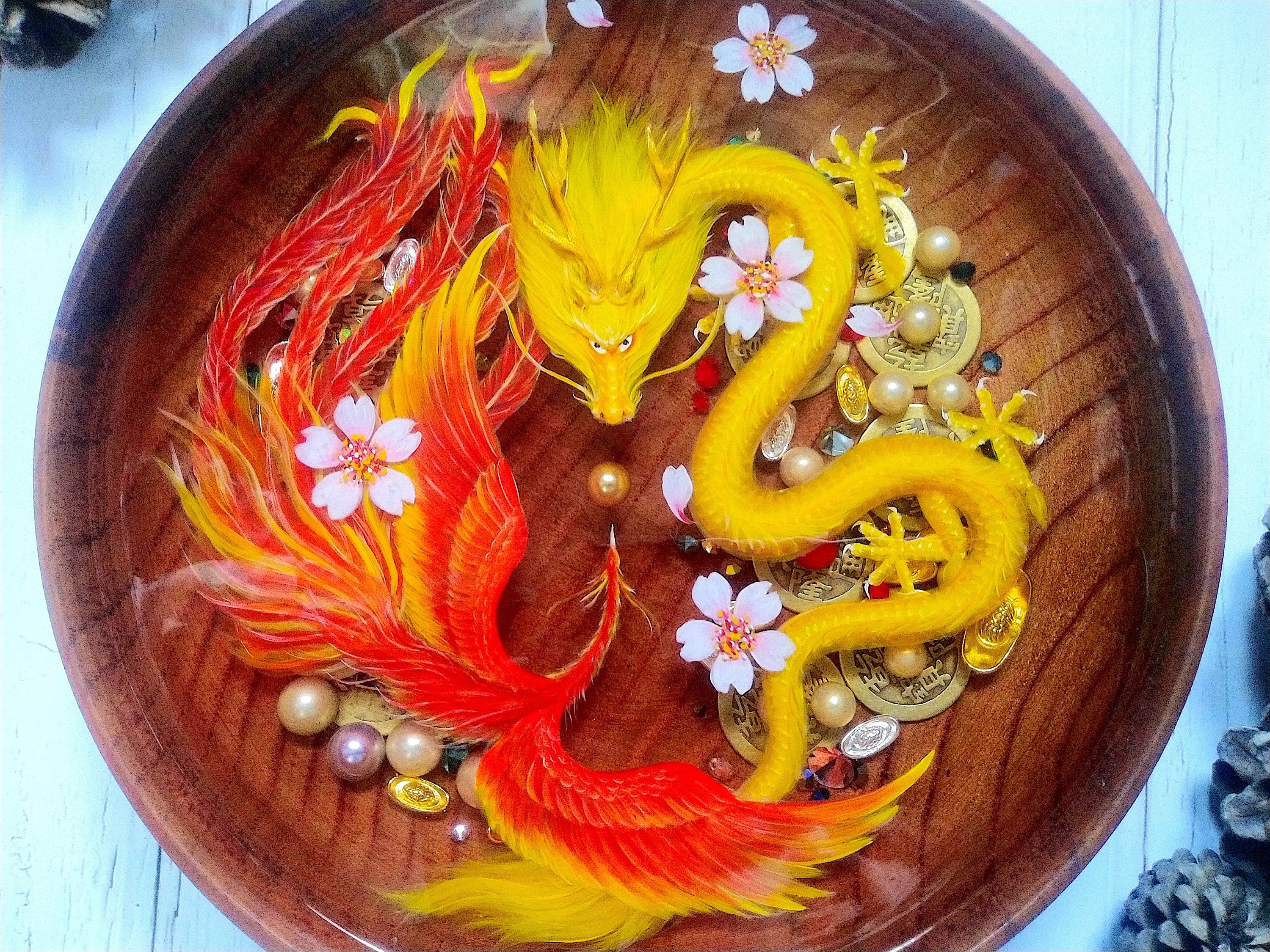 Red Phoenix and Golden Dragon with Cherry Blossoms Resin Art, Fantasy Art Table decor, Best Anniversary Gifts for Boyfriend, Wedding Gift
