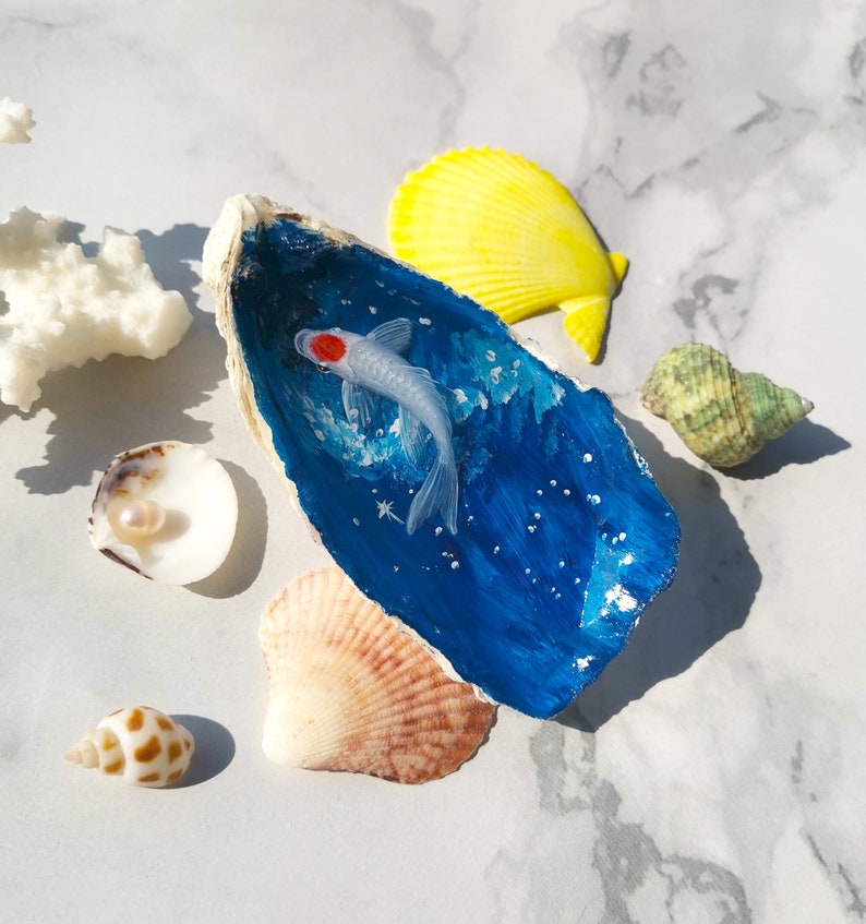 Tancho koi resin painting in oyster shell resin art fish Etsy