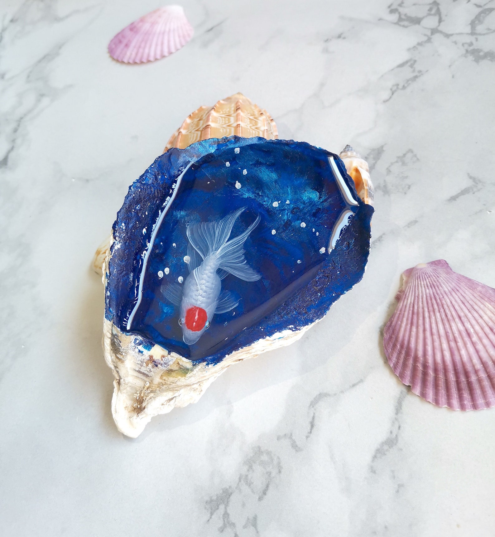 Goldfish resin painting in oyster shell resin art fish art Etsy