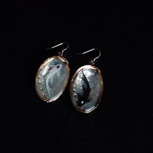 May include: A pair of gold-toned earrings with a white and black fish design on a mother-of-pearl background.