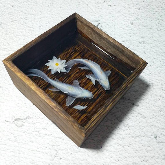 White Koi Fish Couple Resin Painting in a Rustics Wooden Box, Hand Painting  Creative Home Furnishing , One of a Kind Art Decoration 