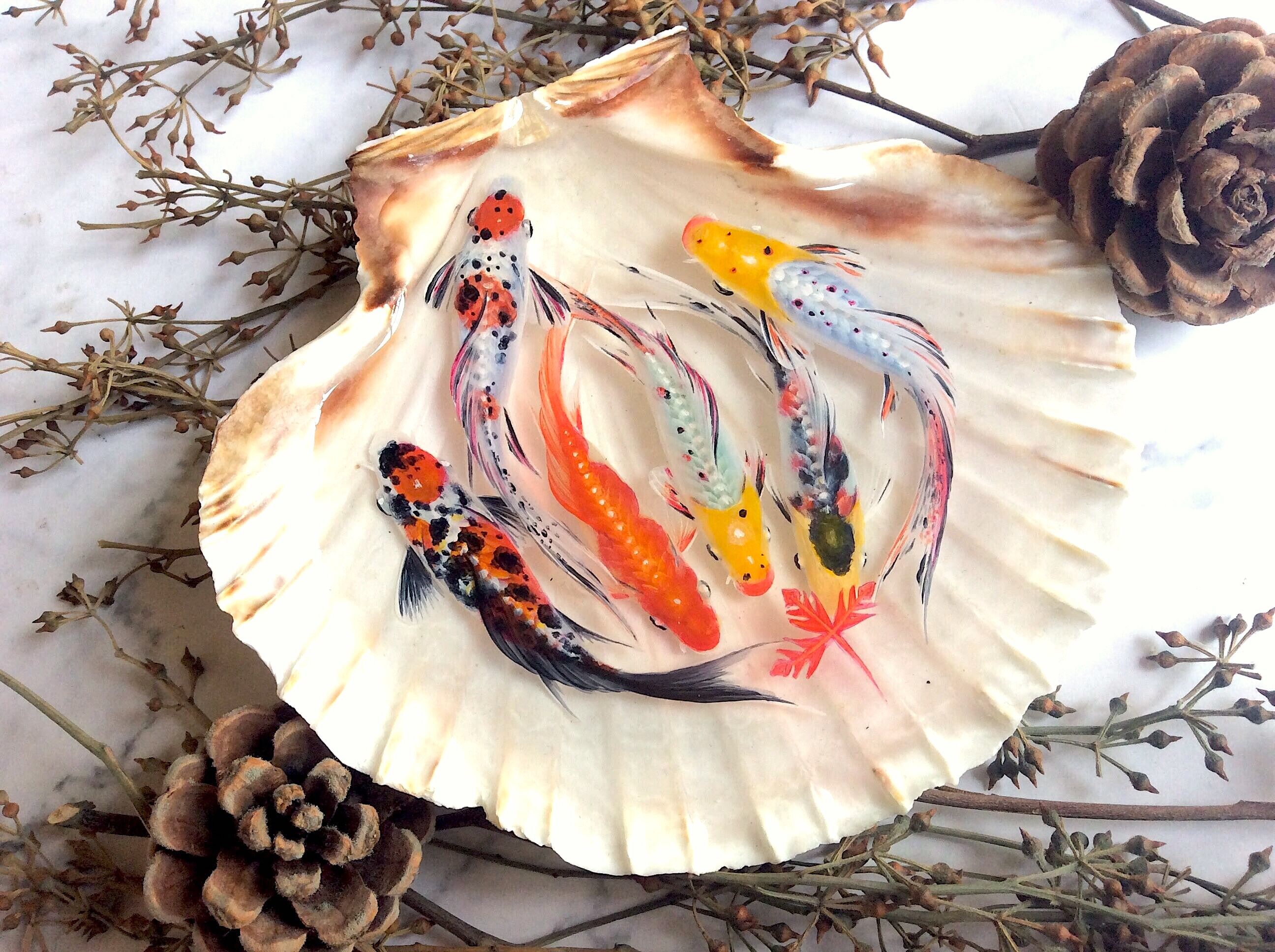 Koi Fish With Maple Leaf Resin Painting, 3D Resin Art Table Decor