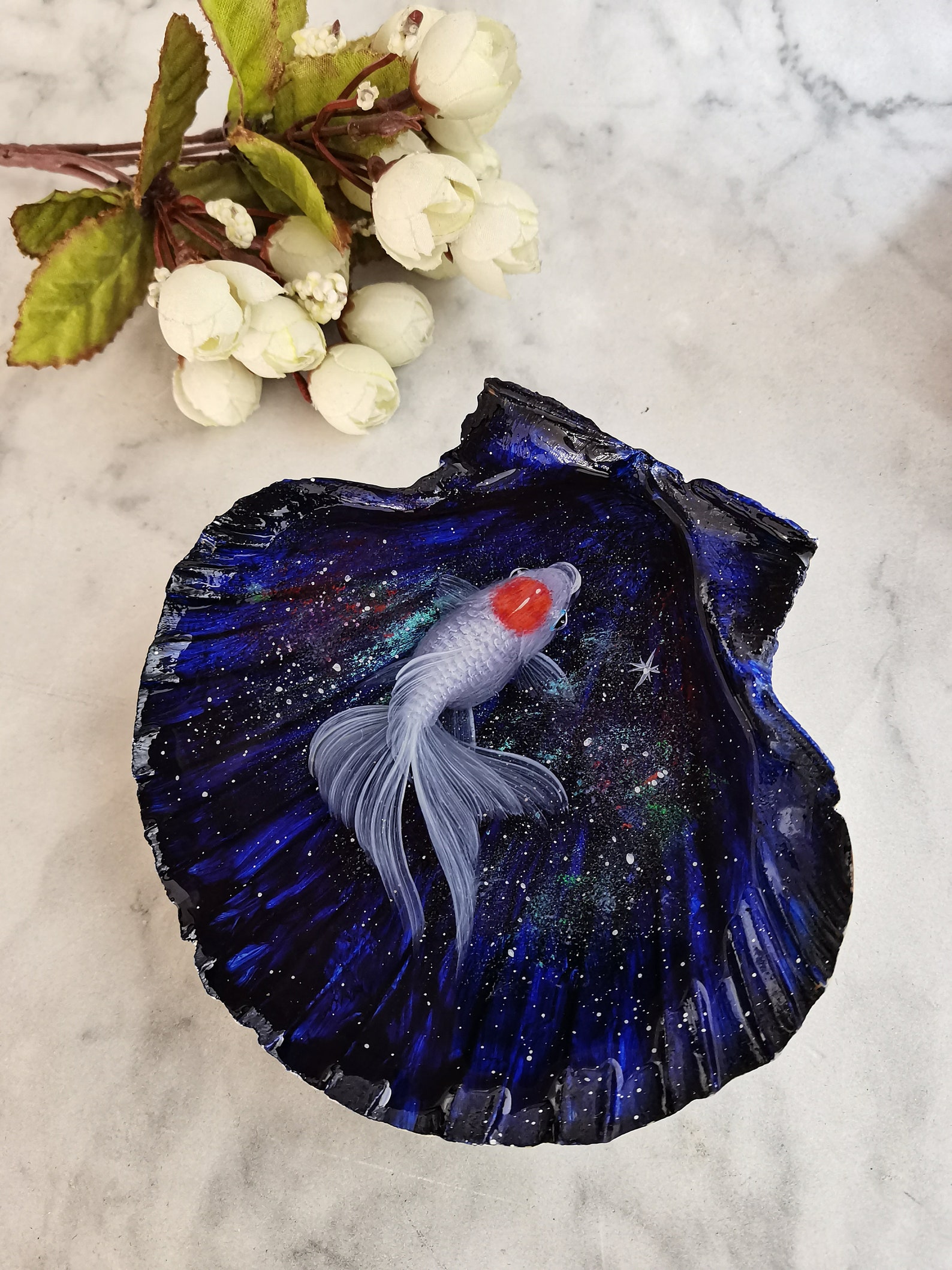 3D Resin Goldfish Painting in Seashell, Handmade Fish Art Decor - Etsy
