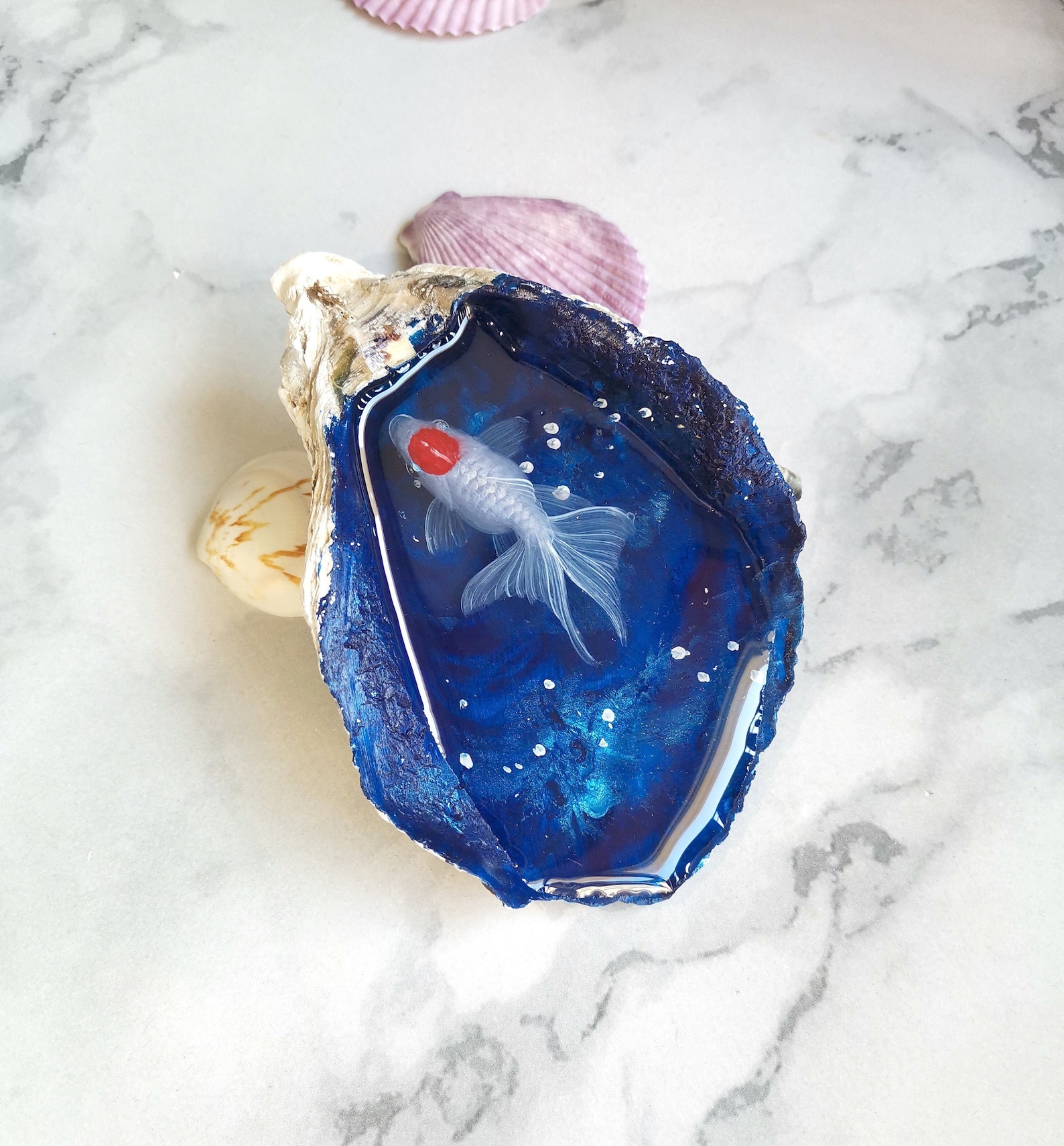 Goldfish resin painting in oyster shell resin art fish art Etsy