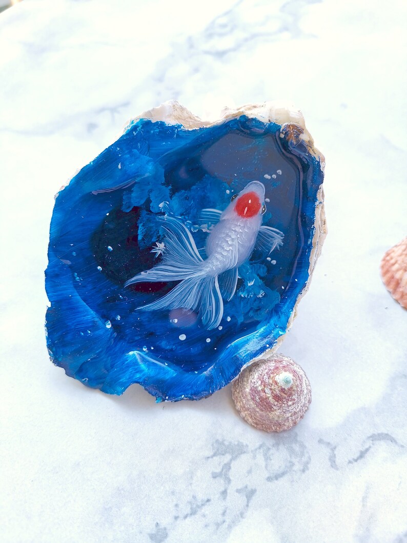 Goldfish resin painting in oyster shell resin art fish art Etsy