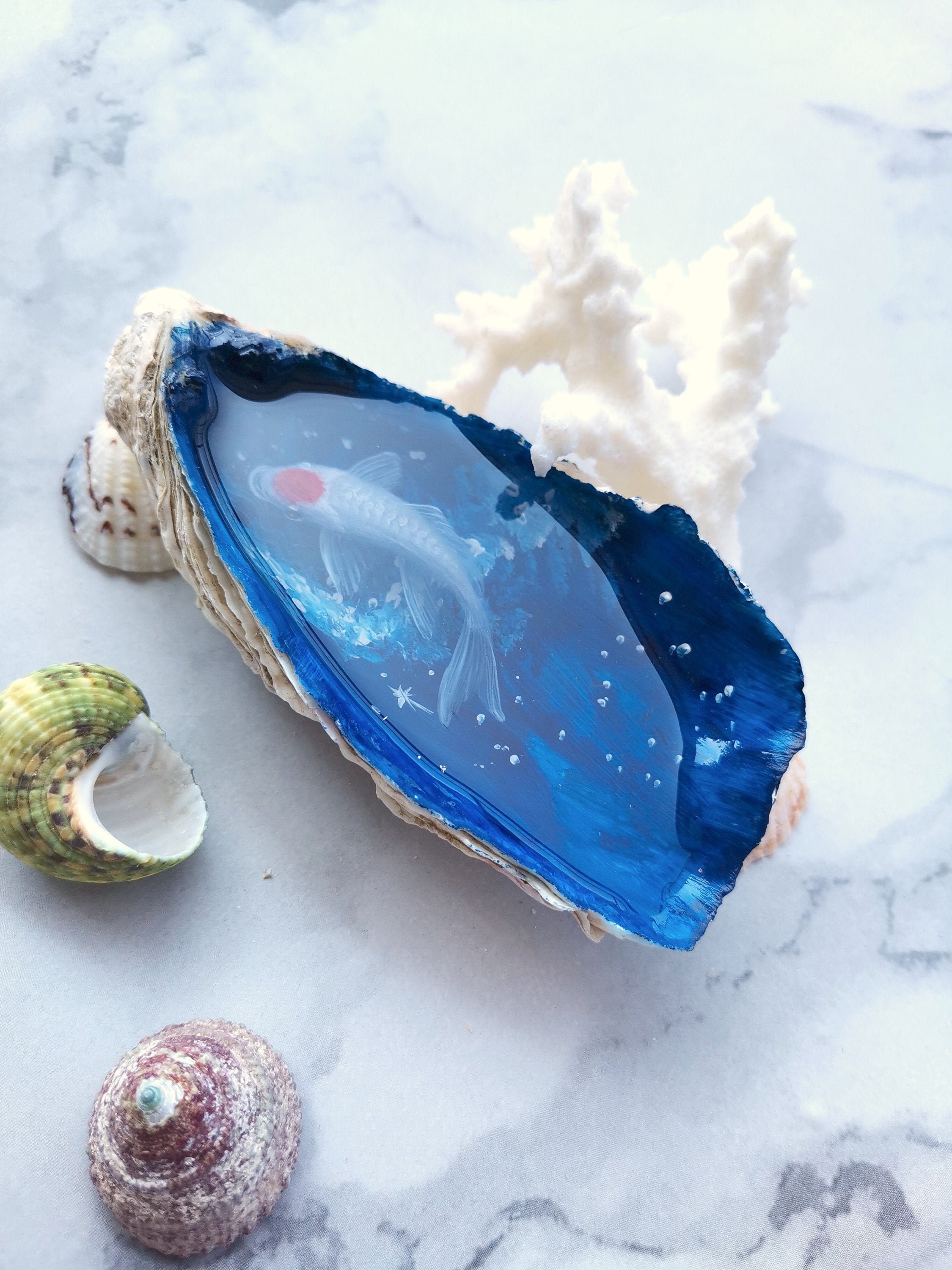 Tancho koi resin painting in oyster shell resin art fish Etsy