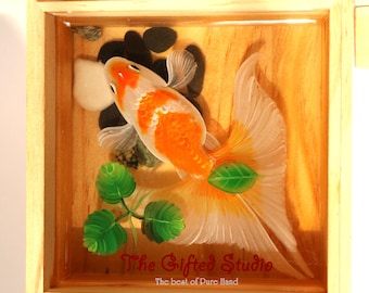Orange and white goldfish resin painting, resin art, hand painting creative home furnishing, creative gift, koi fish in art, fish painting