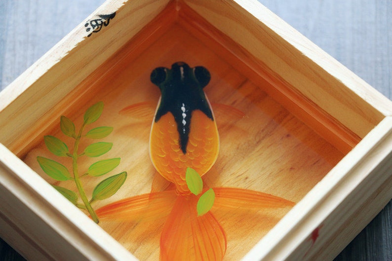 Black and Orange Goldfish Resin Art, 3D goldfish paintings, hand painting creative gift, art decoration by acrylic paints and epoxy resin image 3