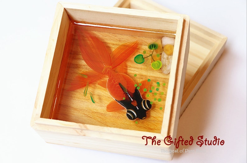 Black and Orange Goldfish Resin Art, 3D goldfish paintings, hand painting creative gift, art decoration by acrylic paints and epoxy resin image 2