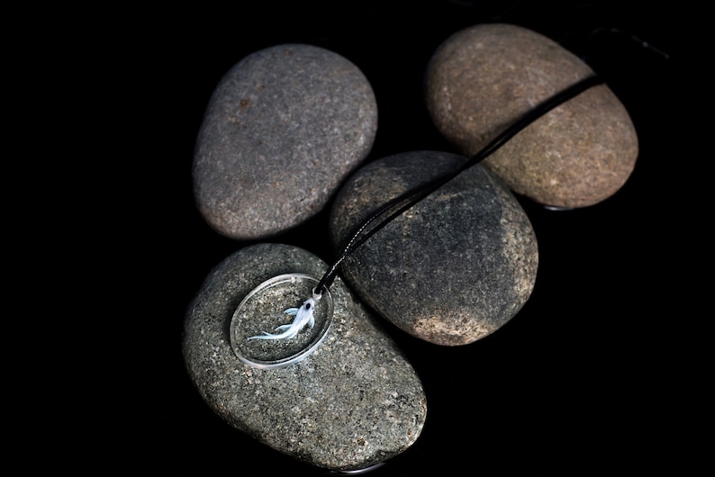 May include: A silver necklace with a round pendant containing a small, white fish. The necklace is lying on top of four gray stones against a black background.