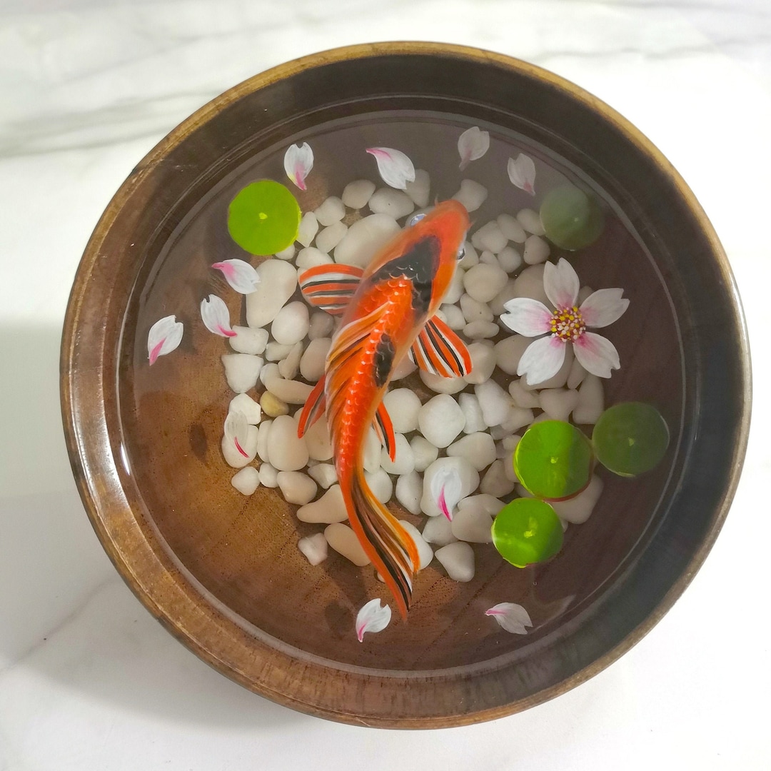 Fish Painting in A Wooden Bowl 3D Resin Painting, Fish Painting for