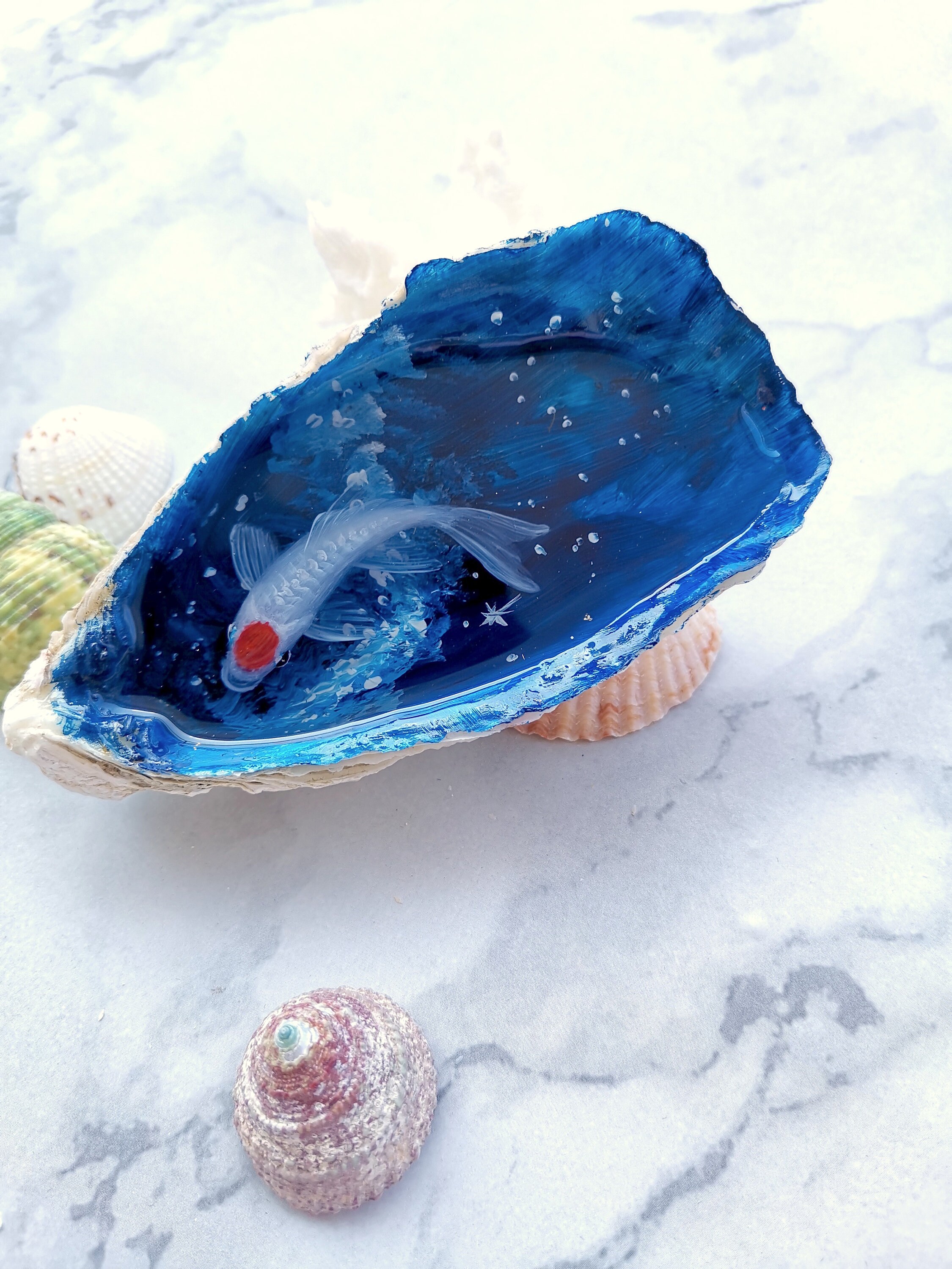 Tancho koi resin painting in oyster shell resin art fish Etsy