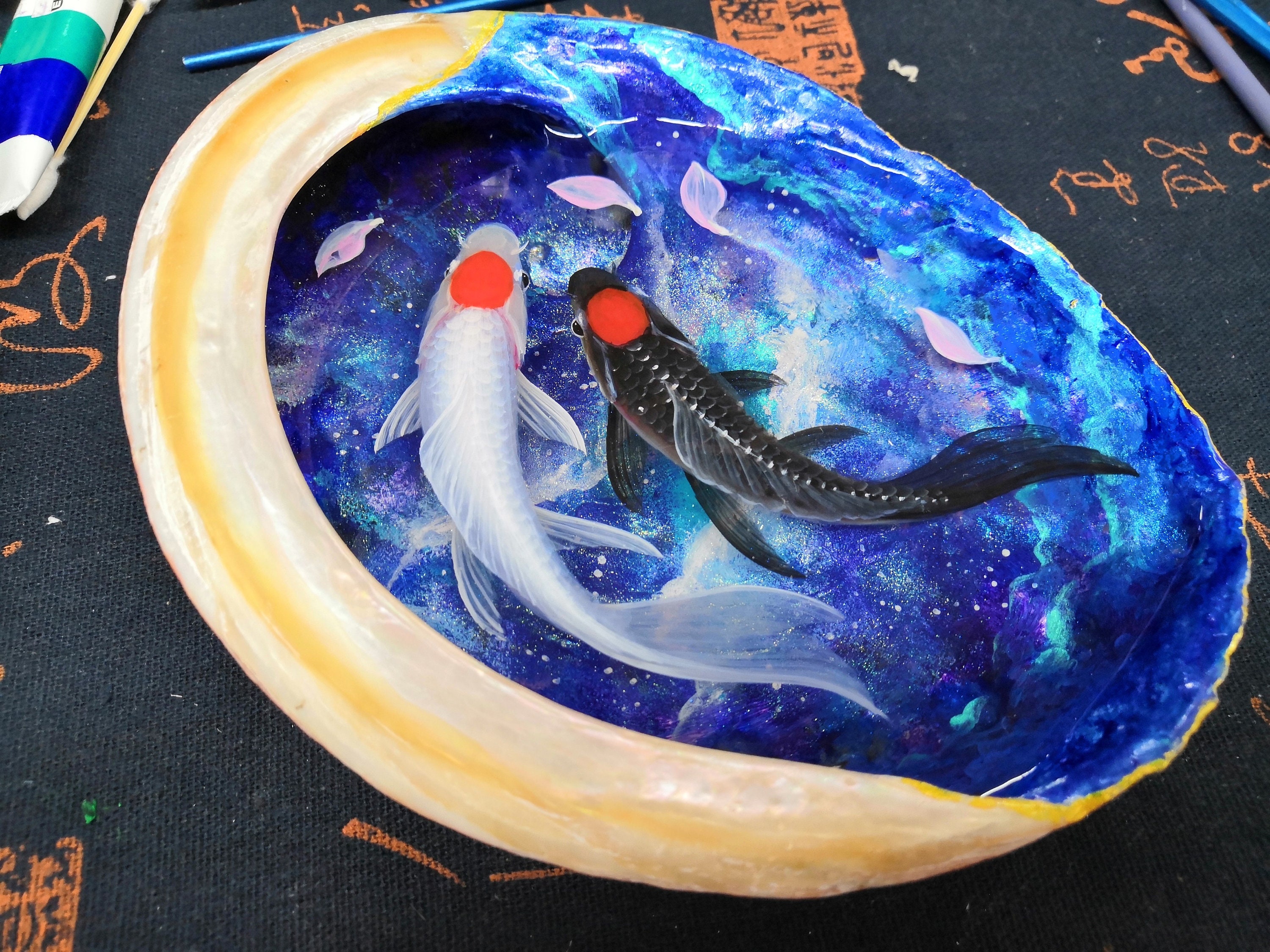 Handmade Yin & Yang Koi Fish in Abalone Shell Resin Art