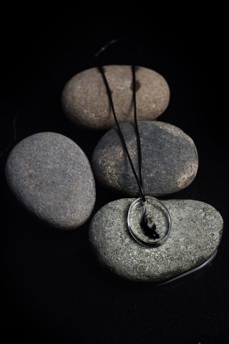 May include: A black cord necklace with a clear glass pendant featuring a black silhouette of a fish. The necklace is displayed on top of four smooth gray stones.