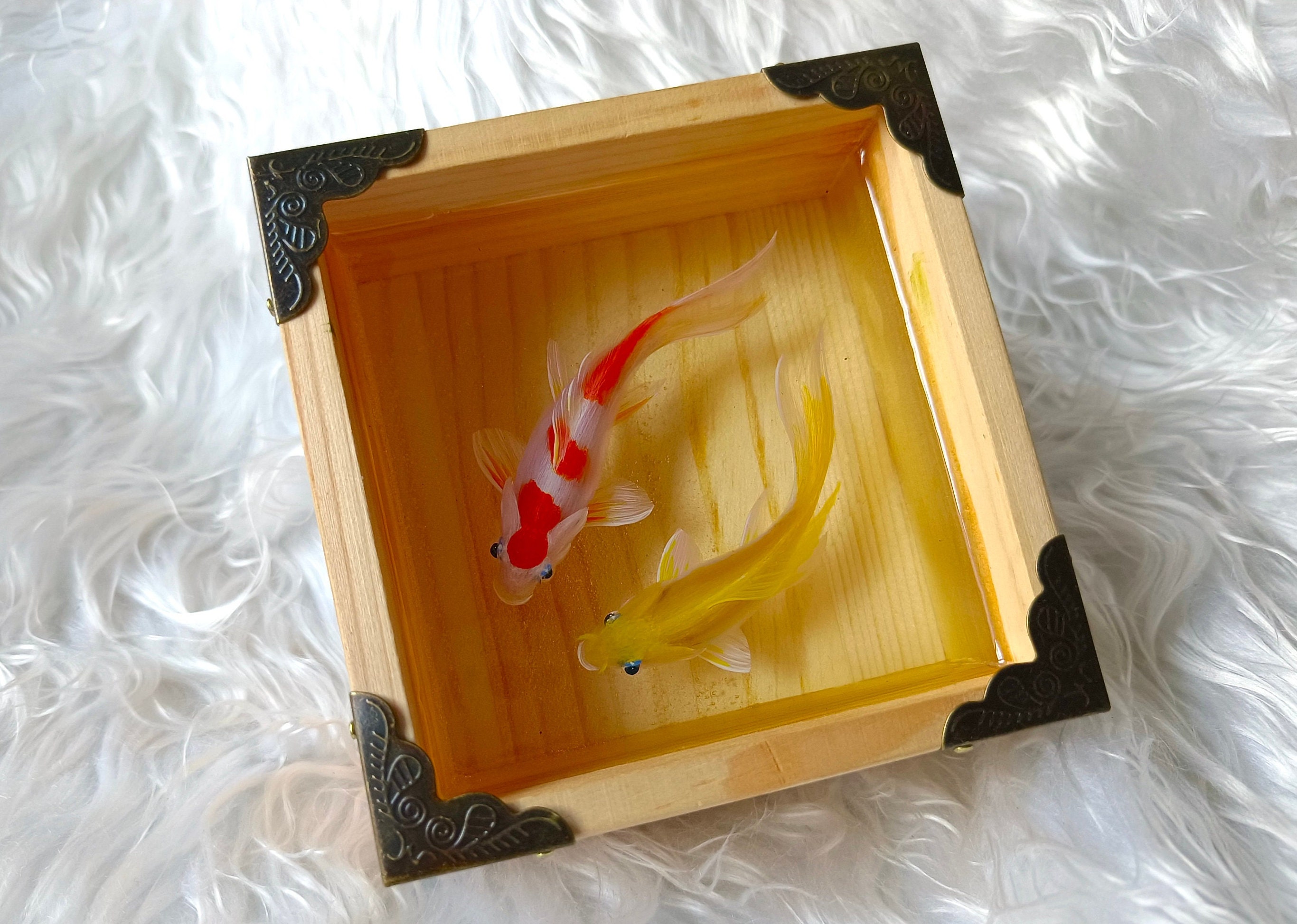 鯉のカップル樹脂絵画、素朴な木箱、ホームデコレーション - Etsy 日本