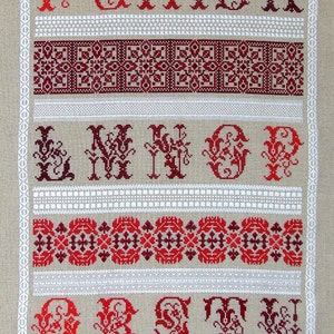 Può includere: Tessuto ricamato rettangolare con fasce alternate di motivi decorativi e lettere stilizzate in rosso e bordeaux su sfondo beige. Bordi e accenti bianchi incorniciano il disegno, creando un'estetica tradizionale e artigianale.