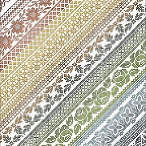 Puede incluir: Un patrón de punto de cruz digital que presenta una variedad de diseños florales y geométricos coloridos. El patrón está dispuesto en filas diagonales, creando un diseño visualmente atractivo e intrincado.