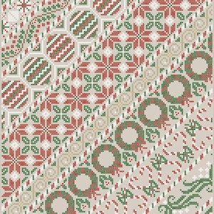 May include: A digital cross-stitch pattern featuring a variety of festive designs, including wreaths, baubles, snowflakes, and candy canes. The pattern is in shades of red, green, and white.