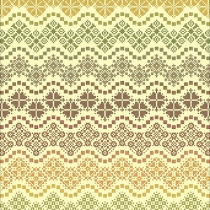 May include: A digital illustration of a repeating pattern of various geometric shapes in shades of brown, green, and yellow. The pattern is reminiscent of traditional folk art.