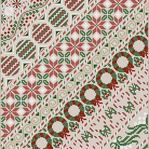 Puede incluir: Un patrón de punto de cruz digital que presenta una variedad de diseños navideños, incluyendo coronas, adornos, copos de nieve y árboles. El patrón está en tonos de rojo, verde y blanco sobre un fondo beige.