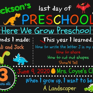 Letrero de último día de clases de dinosaurios - Letrero de preescolar - Fin de año - Letrero de último día de preescolar - Último día de clases - CUALQUIER GRADO - Dinosaurios