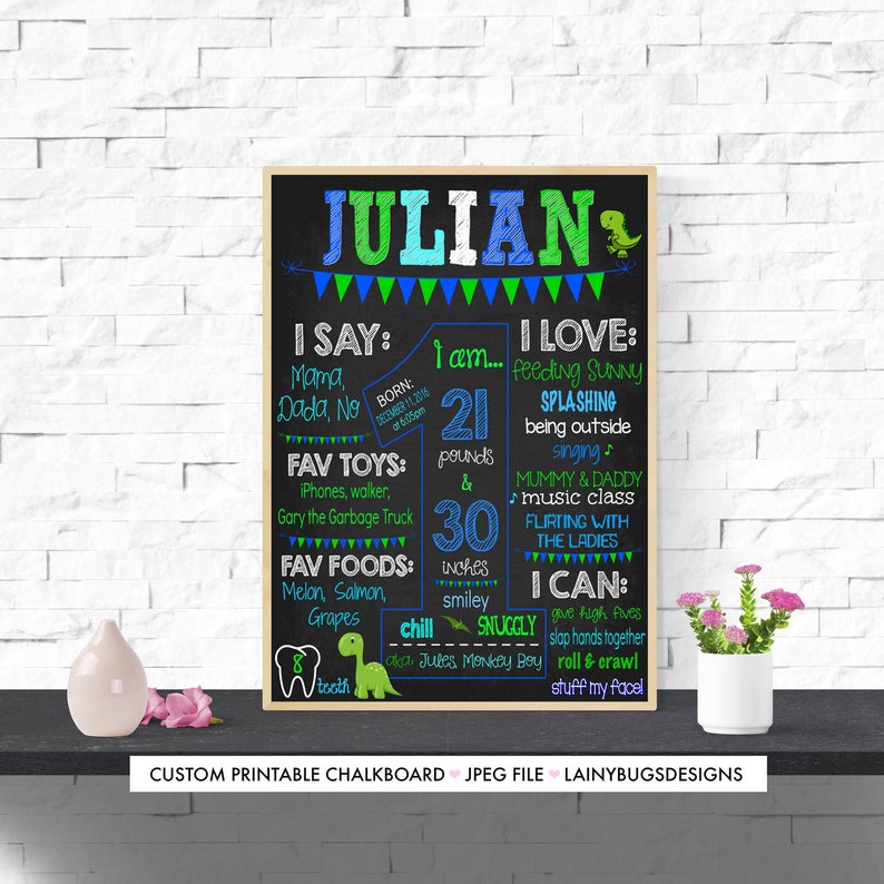 Dinosaur First Birthday Sign Chalkboard Sign Digital Dinosaur Birthday Sign First Birthday Chalkboard Boy Blue and Green 1st image 1