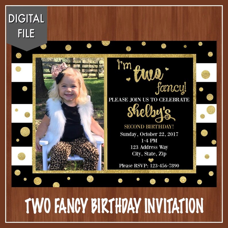 Two Fancy Birthday Invitation I'm Two Fancy Black and Gold Birthday Invitation 2nd Birthday Invitation Girls Second Birthday Invite image 3