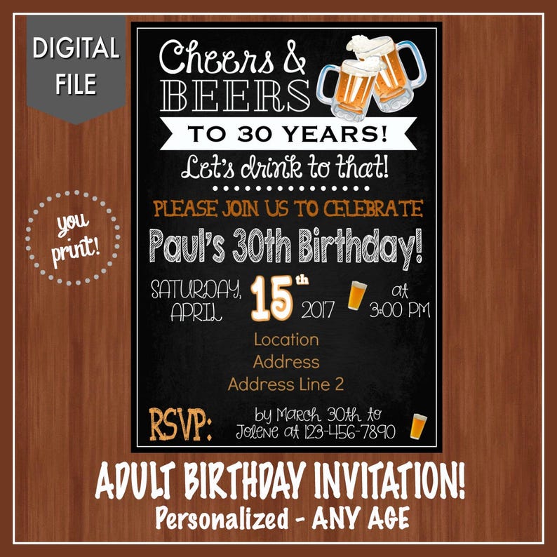 30th Birthday Party Invitation Any Age Digital Adult Birthday Invitation Cheers & Beers Cheers to 30 Years Dirty 30 30th image 2