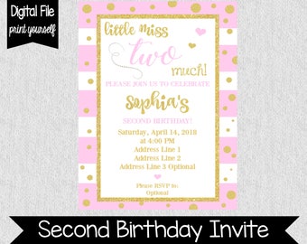 Little Miss Two Much Birthday Invitation - Pink, Gold, and White 2nd Birthday Invitation - 2nd Birthday Party - Two Much Invitation - Two