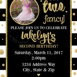 I'm Two Fancy Birthday Invitation Second Birthday Invite Girl's Second Birthday Invite Black & Gold Glitter Two Fancy Girly image 2