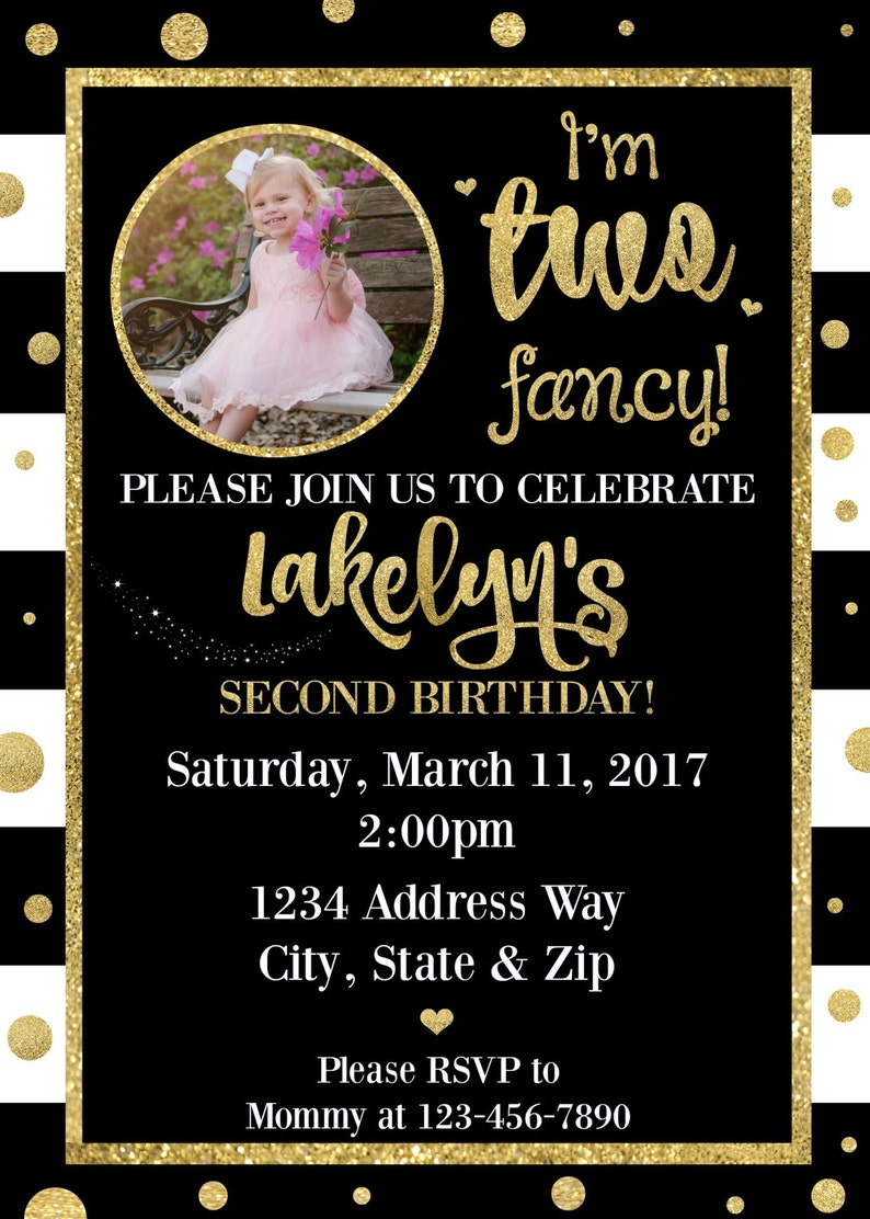 I'm Two Fancy Birthday Invitation Second Birthday Invite Girl's Second Birthday Invite Black & Gold Glitter Two Fancy Girly image 2