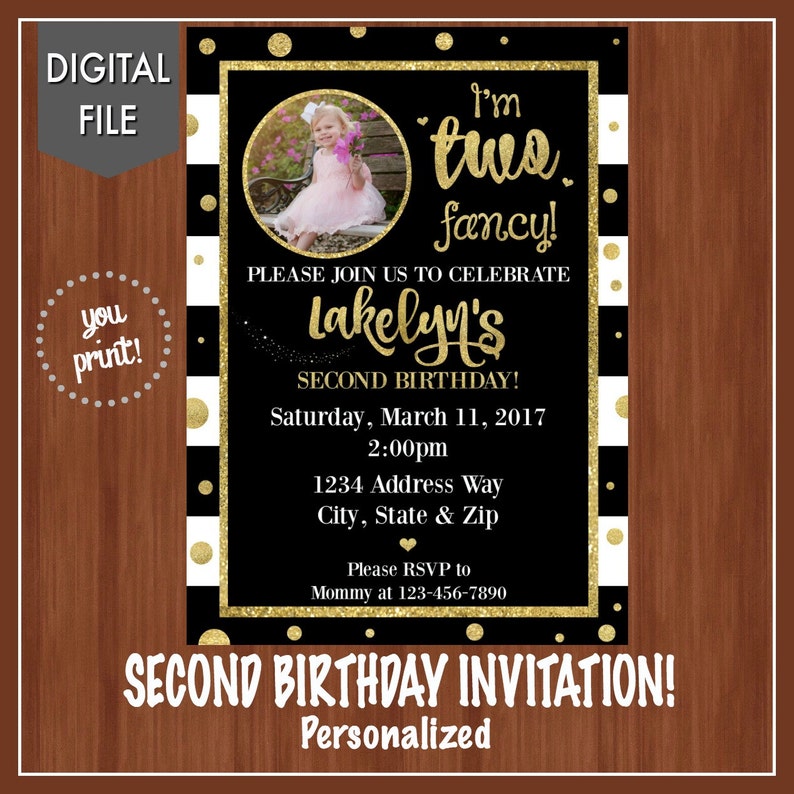 I'm Two Fancy Birthday Invitation Second Birthday Invite Girl's Second Birthday Invite Black & Gold Glitter Two Fancy Girly image 3