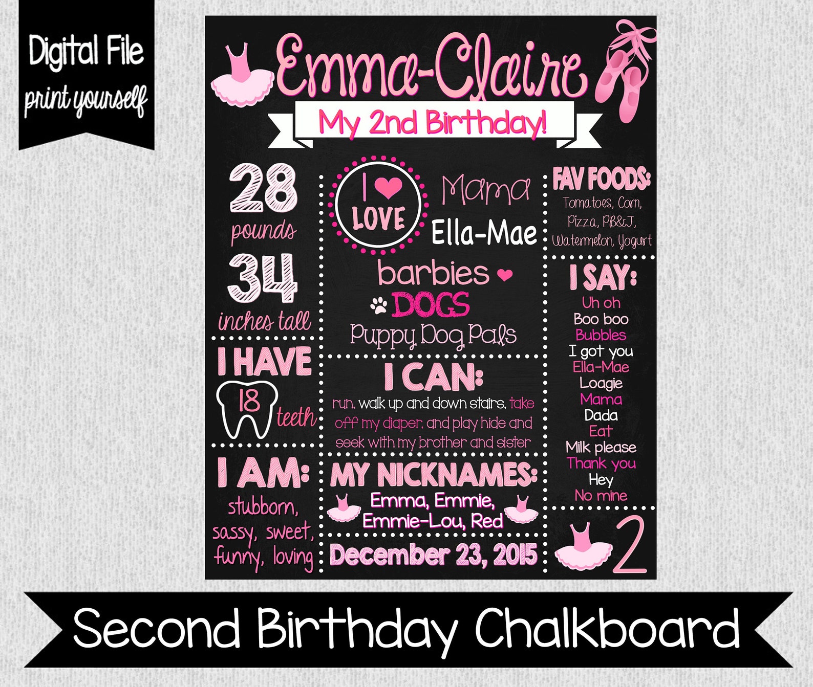 ballet themed 2nd birthday chalkboard - digital - ballerina chalkboard - girl's 2nd birthday chalkboard - pink ballerina cha