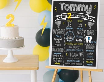 Boys 2nd Birthday Sign TWOnado Theme Two Nado Blue, Yellow, Grey Birthday Decor Custom Party Sign Lightning Decor