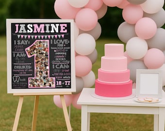 Girl's First Birthday Photo Collage - Pink First Birthday Chalkboard - Digital - Baby's First Year Collage - Year One Collage - 1st Birthday