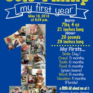 Baby's First Year Collage First Birthday Photo Collage First Birthday Poster Blue & Yellow First BIrthday One Year Old Collage image 2