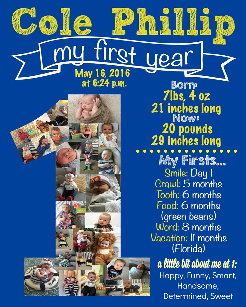 Baby's First Year Collage First Birthday Photo Collage First Birthday Poster Blue & Yellow First BIrthday One Year Old Collage image 2