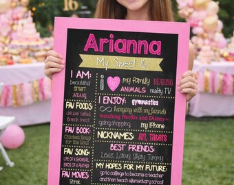 Sweet 16 verjaardag schoolbordbord, roze en gouden tienerverjaardagsposter, gepersonaliseerd decor 16e verjaardag, afdrukbaar mijlpaalbord