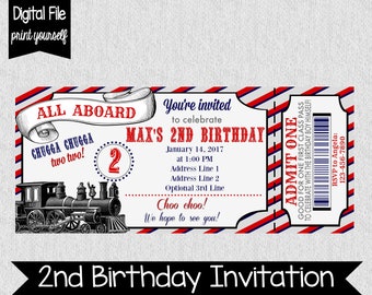 May include: A red, white, and blue train ticket invitation for a child's 2nd birthday party. The invitation features a vintage train illustration and the text "All Aboard Max's 2nd Birthday".