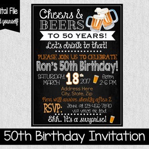 50th Birthday Party Invitation  - Any Age - Digital - Adult Birthday Invitation - Cheers & Beers - Cheers to 50 Years - 50th Birthday