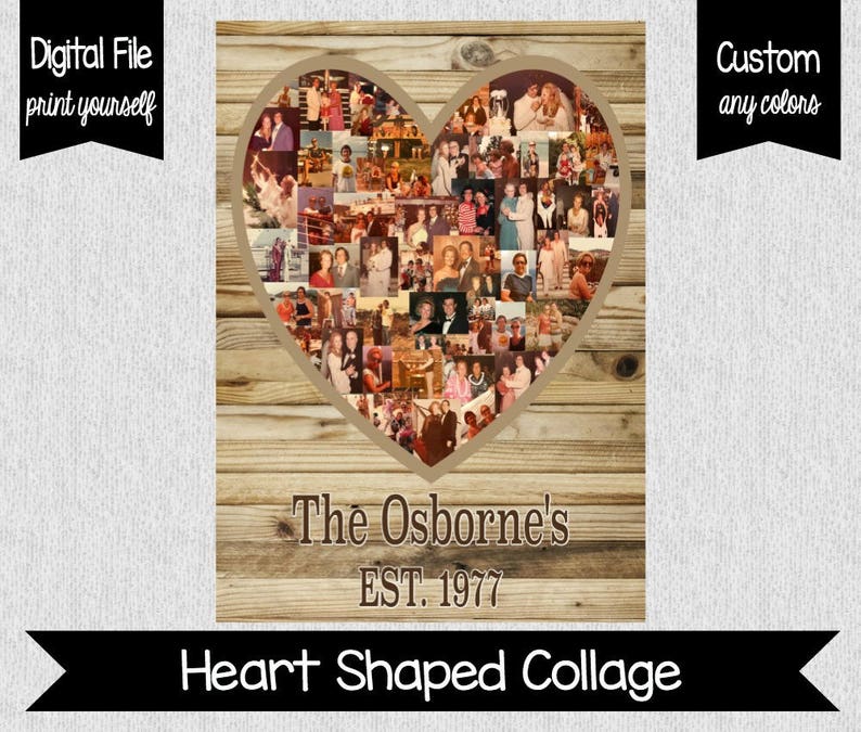 Heart Shaped Photo Collage Anniversary Gift DIGITAL Wooden Background 40th Anniversary 50th Anniversary Any Anniversary image 1