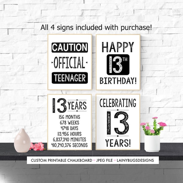 Printable 13th Birthday Signs - Fun 13th Birthday Party Decor - Boy or Girl 13th Birthday Gift - Easy To Print - Last Minute Party Signs