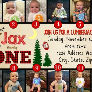 Lumberjack First Birthday Invitation Lumberjack Woods Monthly Photos Lumberjack Invitation with Photos Collage Flannel Forest image 3