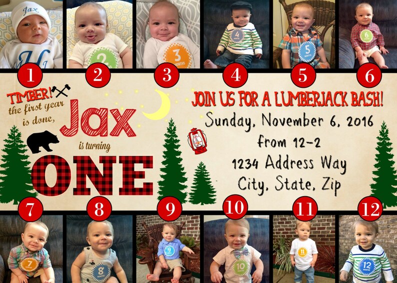 Lumberjack First Birthday Invitation Lumberjack Woods Monthly Photos Lumberjack Invitation with Photos Collage Flannel Forest image 3