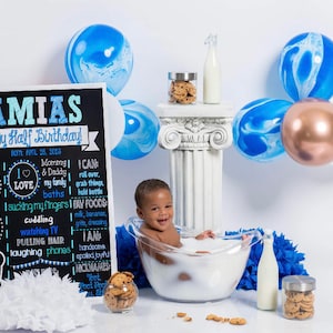 Boy&#39;s Half Birthday Chalkboard Sign - Print Yourself - Blue Half Birthday Sign - Half Way to One Sign - Blue Birthday Chalkboard - 6 Months
