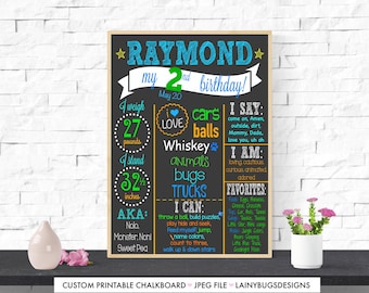 Blue and Green Boy Birthday File - 2nd Birthday - Blue - Green - Orange - Birthday - Two - Printable - Birthday Chalkboard - Custom