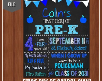 First Day of Pre-K Sign - Any Grade- Digital - Preschool Chalkboard - Pre-K - Kindergarten - Back To School Chalkboard - Blues - School Sign